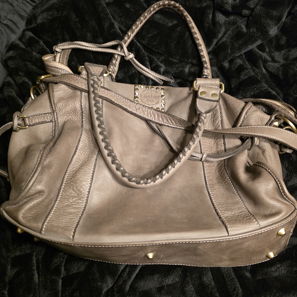 Elegant Taupe Leather Shoulder Bag with Gold Accents - Picture 2 of 9